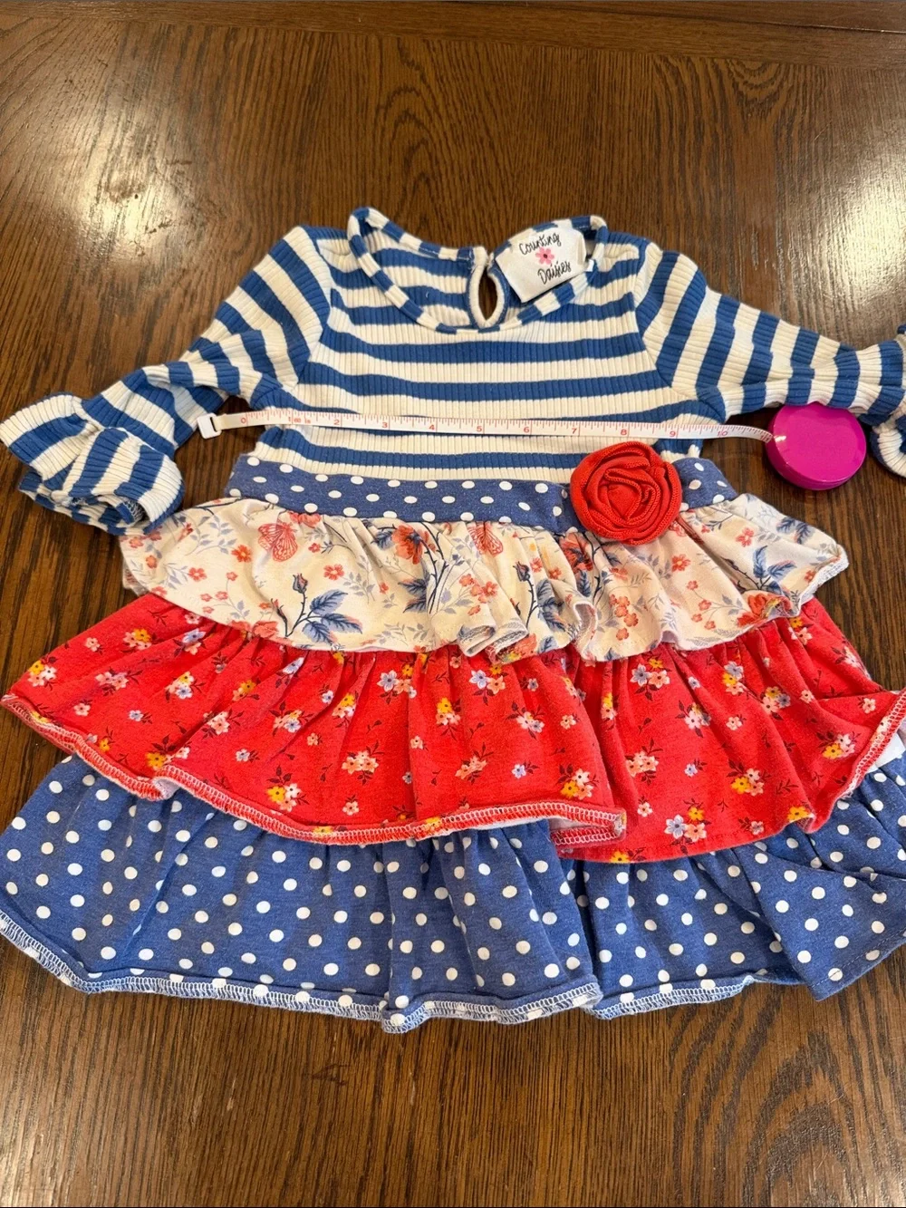 Counting Daisies Blue & Red Striped Floral Ruffle Matching shirt/pant Set•Size 4